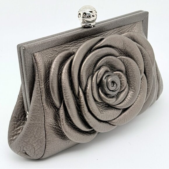 Brighton Pewter Leather Clutch Crossbody Purse Large Dimensional Flower on Front - Picture 8 of 17
